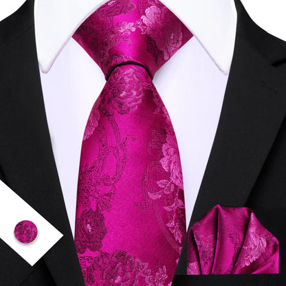Barry.Wang Jacquard Watermelon &amp; Peach Pink Men Tie With Pocket Square Cufflinks Set Exquisiet Necktie For Male Wedding Business