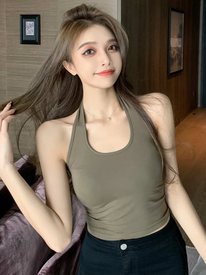 Cotton Sexy Backless Black White Tank Tops Halter Streetwear Vest Female Crop Top Summer 2025 Basic T-shirts Ladies Tube Camis