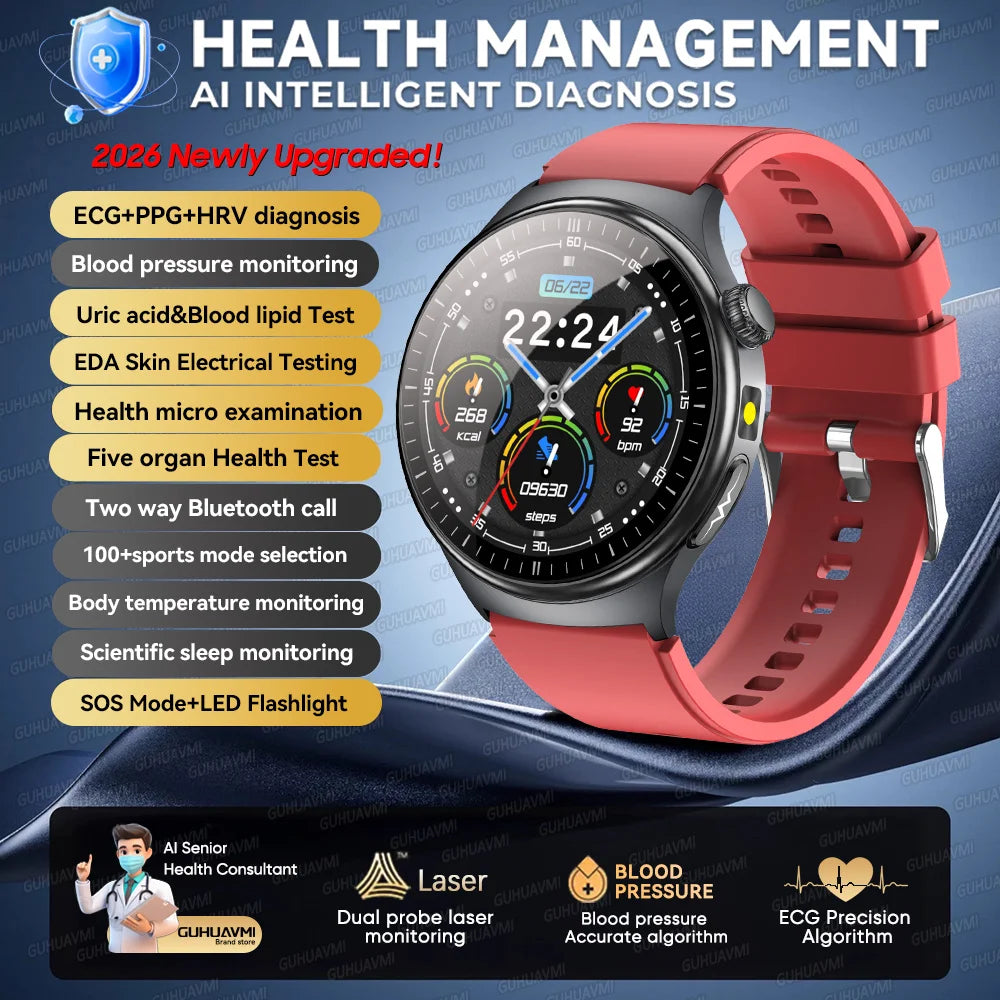 2026 New Micro Physical Examination Health SmartWatch Men ECG Uric Acid Lipids Blood Pressure BT Call Smartwatch For Android IOS