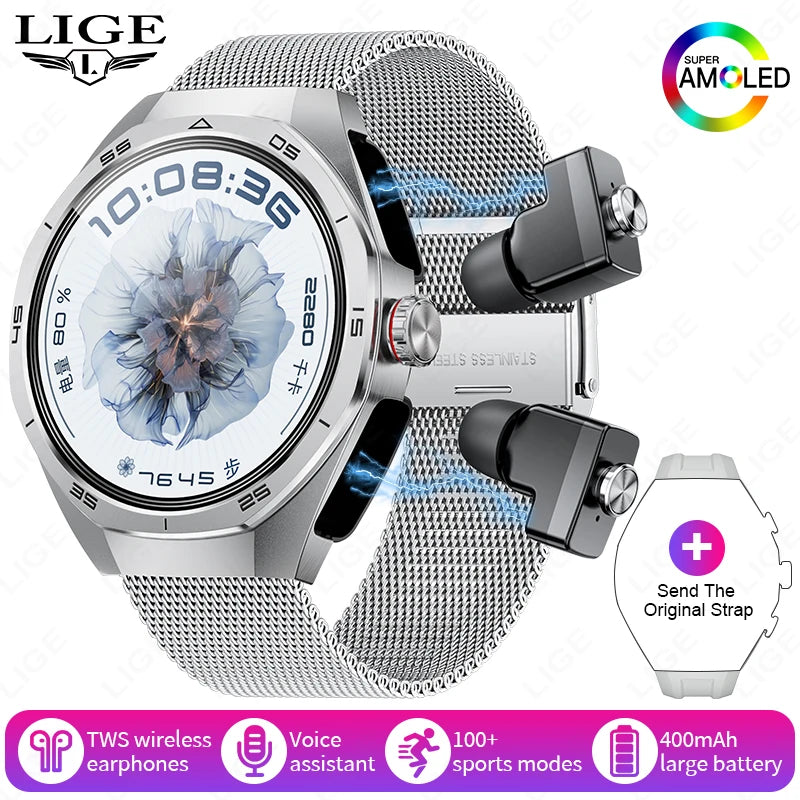 2025 New NFC Smart Watch with Earphones Bluetooth Earplugs Call Health Monitor Sports Music Headset Smartwatch for IOS Android