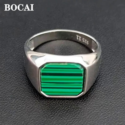 BOCAI  S925 Silver Jewelry Inlaid With Natural Malachite Stone Square Men&
