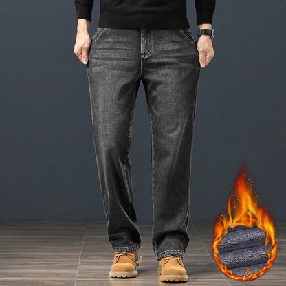 Winter Fleece Men Jeans Classic Loose Straight Warm Thicken Trousers Business Casual Velvet Elastic Denim Pants Plus Size 42 44