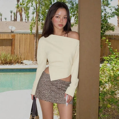 Talenza Women Casual Top Fashion Slim Slit Long Sleeve Pullover Top Sexy Strapless Pleated New Party Looks Top Female Streetwear