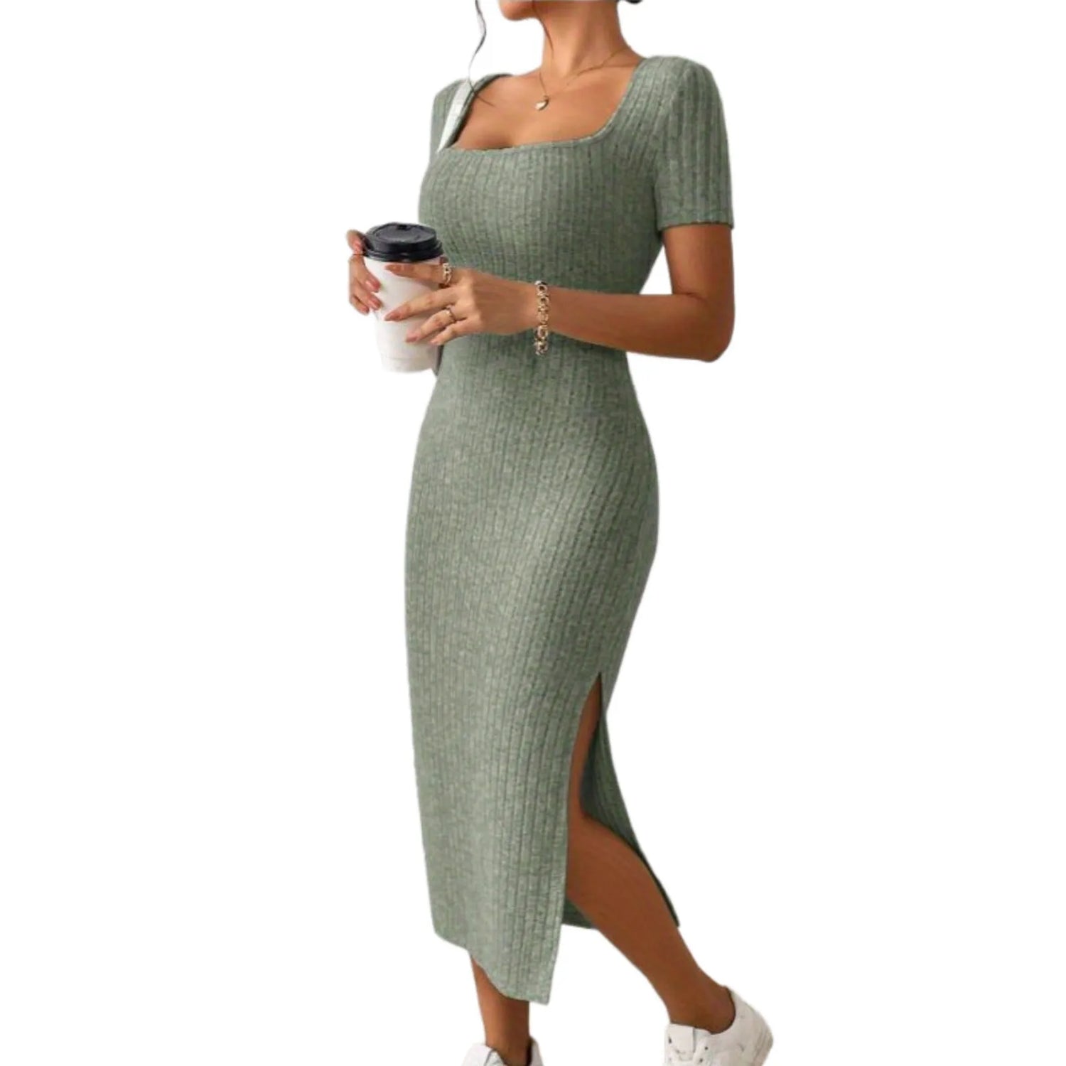Summer Dresses For Women 2026 Summer Ribbed Short Sleeve Bodycon Maxi Dress Side Slit Knit Square Neck Long Robe Vestidos