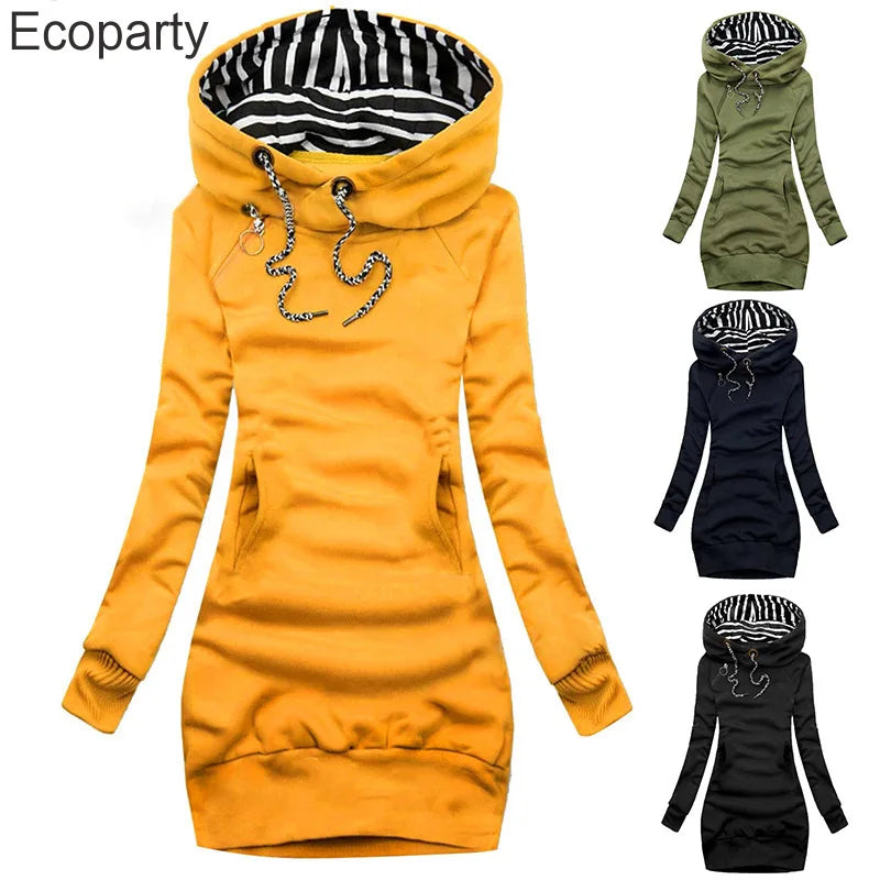 Hoodie Dress Casual Solid Colour Long Sleeve Drawstring Hoodie Dress Slim Hooded Pullover Sweatshirt Dress