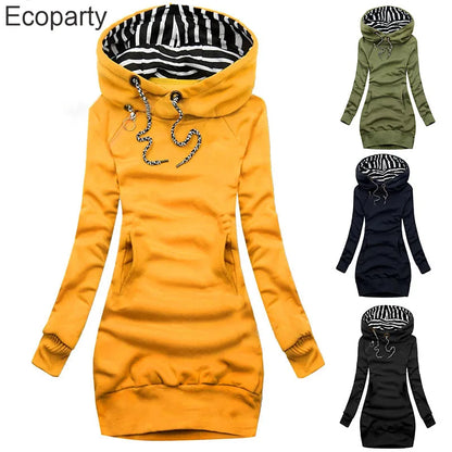 Hoodie Dress Casual Solid Colour Long Sleeve Drawstring Hoodie Dress Slim Hooded Pullover Sweatshirt Dress