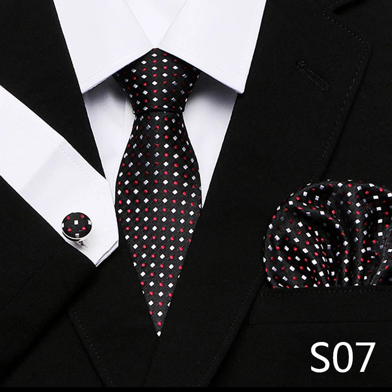 Men`s Tie Red Plaid print Jacquard Woven Tie Hanky Cufflinks Sets For Formal Wedding Business Party Free Postage