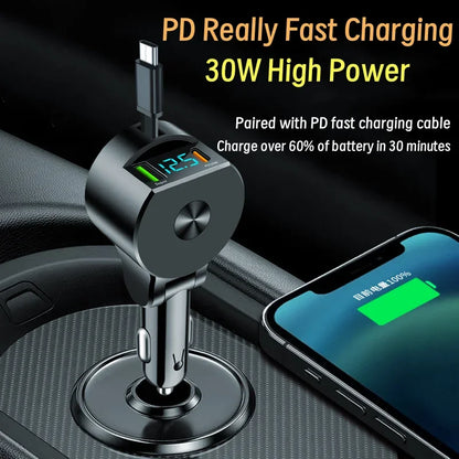 Upgraded Retractable Car Charger 3 in 1, 69W Fast Charging PD30W+2.4A Voltage Display Dual Cables for iPhone &amp; Android