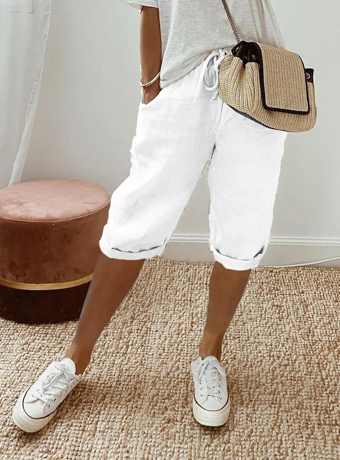 Shorts Women summer cotton linen elastic waist pocket elastic casual pants five quarter women&