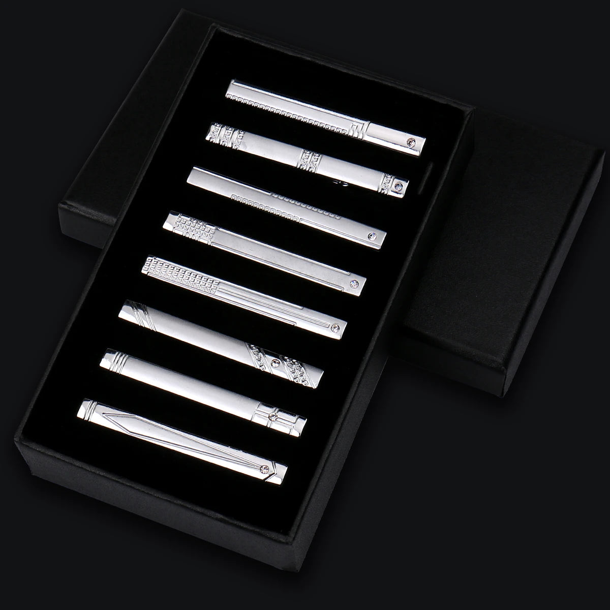 8pcs Tie Clips Metal Diamond With Box For Men Wedding Mens Necktie Clips Set Chrome Stainless Steel Jewelry Gentleman Ties Pin