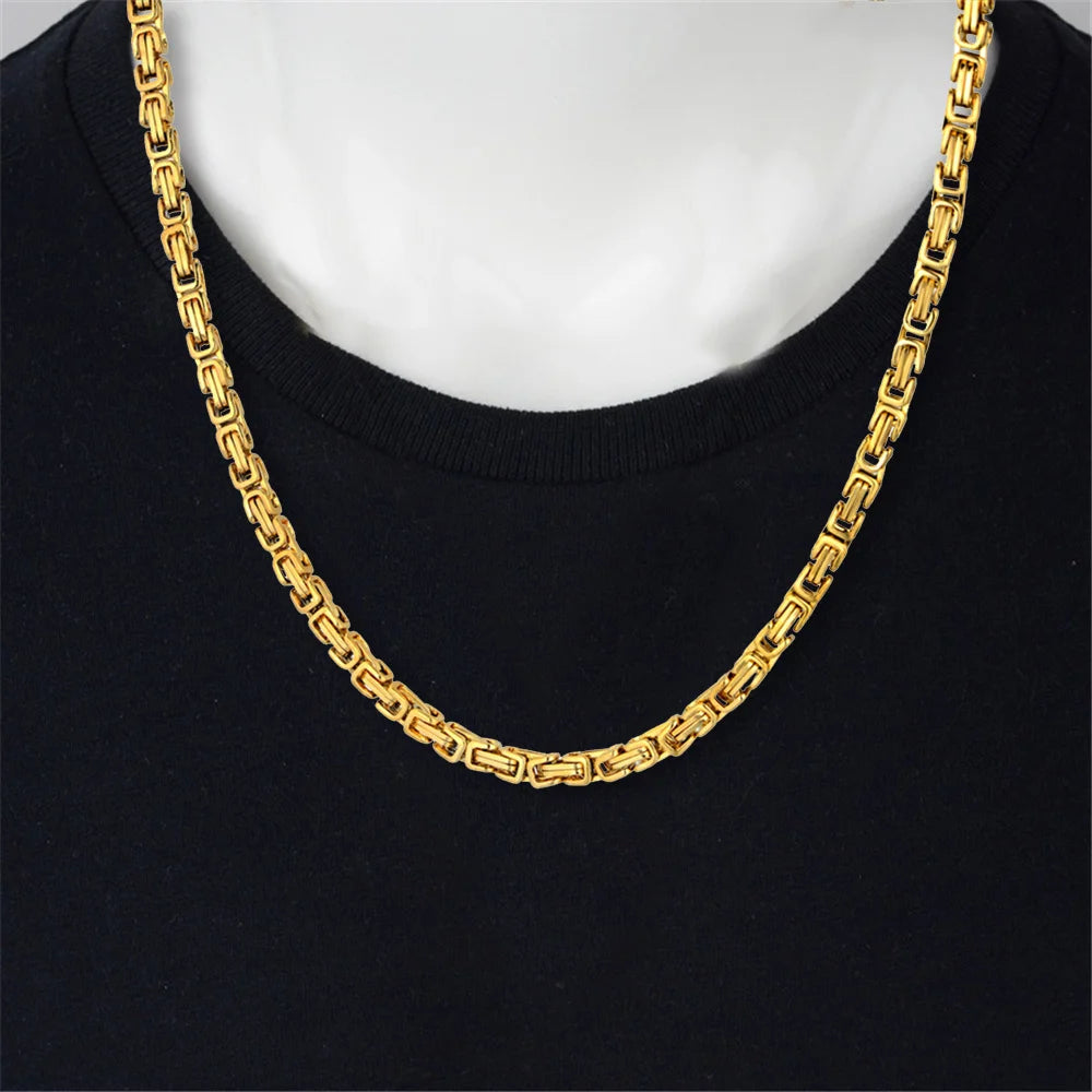 Gold Color Stainless Steel 4mm Byzantine Link Chain Bracelets Necklace For Women Men Fashion Party Wedding Jewelry Sets Gifts