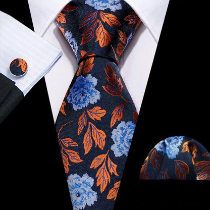 Barry.Wang Colorful Men Tie Handkerchief Cufflinks Set Novelty Floral Necktie for Male Designer Wedding Business Party Gift