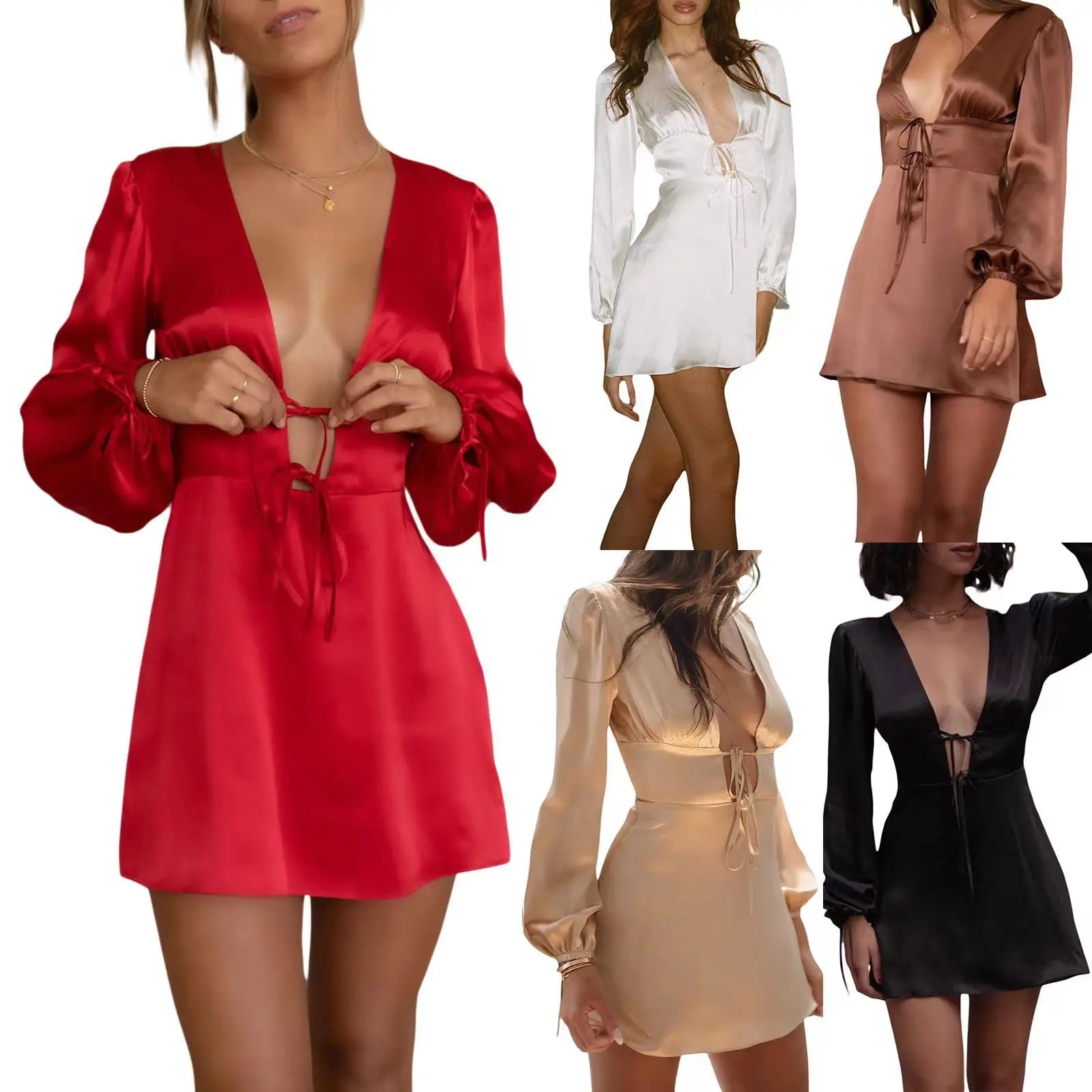 White Dress for Women Deep V Neck Sexy Lace-Up Long Sleeve High Waist Slim Fit Mini Shirt Dress Office Lady 2025 Spring