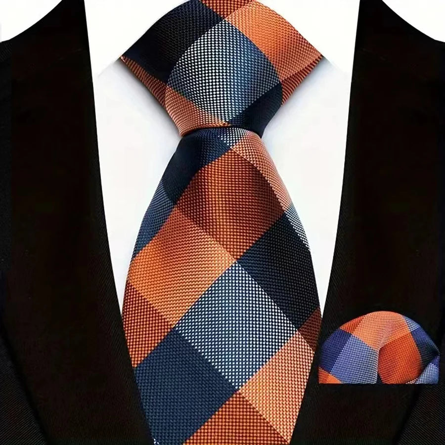 Mens 8cm Tie Set Orange Brown Floral Stripes Wedding Tie Hadkerchief Set For Men Fashion Design Quality Hanky Necktie Set