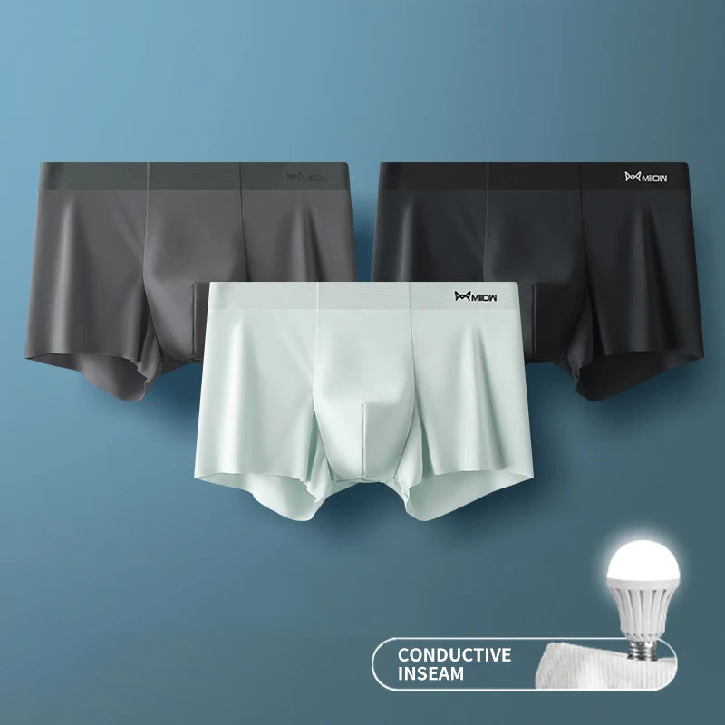 MIIOW 3Pcs Ice Silk Man Underwear Boxer Metal Fiber Antistatic Men Underpants Seamless Cut Hem Men&