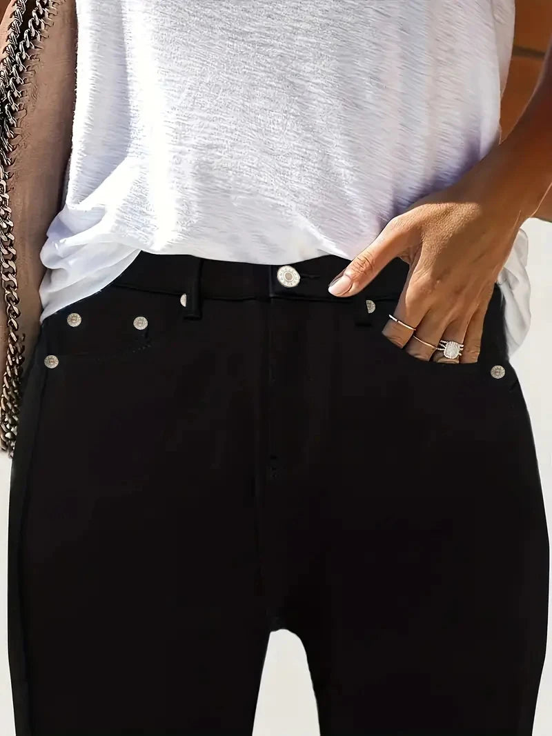 Women Jeans Plus Size High WaistedBlack Slim Fit with Button Detail Jeans Stylish Women&