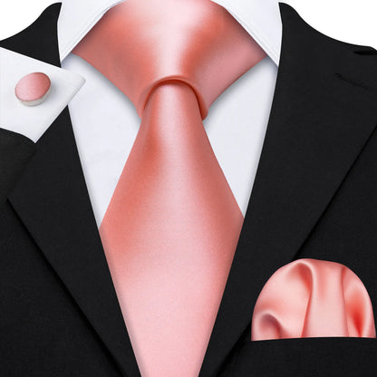 Barry.Wang Jacquard Watermelon &amp; Peach Pink Men Tie With Pocket Square Cufflinks Set Exquisiet Necktie For Male Wedding Business