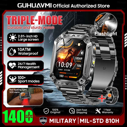 New Rugged Military Smart Watch Men 1400 mAh battery 2.01inch AMOLED Bluetooth Call 10ATM Waterproof LED flashlight Smart watch