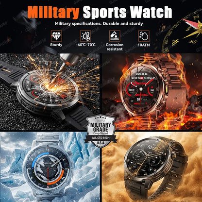 2026 New Military Outdoor Smart Watches 1.85 inch AMOLED 1000mAh Large Battery 10ATM Waterproof Call Sports Men Fitness Bracelet