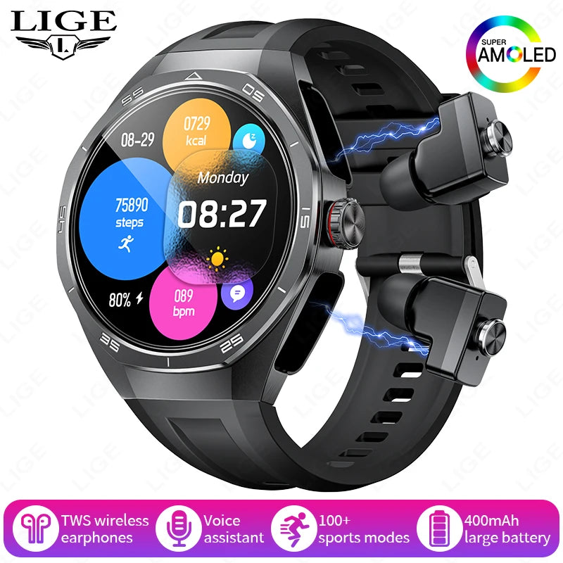 2025 New NFC Smart Watch with Earphones Bluetooth Earplugs Call Health Monitor Sports Music Headset Smartwatch for IOS Android