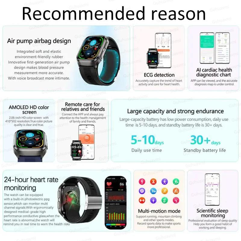 GUHUAVMI New Smart Watch Airbag air pump measurement Blood pressure Health Sport 2.06 inch AMOLED retina touch screen Smartwatch