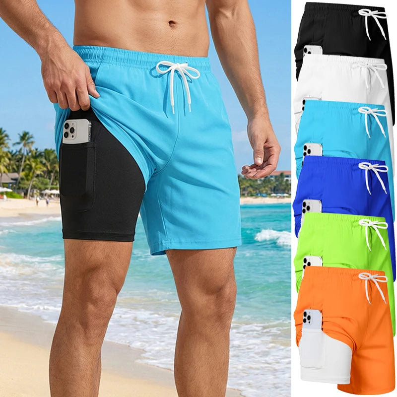 Mens Swim Trunks with Compression Liner Phone Pocket Summer Quick Dry Board Shorts Beach Shorts Swimwear Swimsuit Bathing Suits