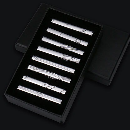 8pcs Tie Clips Metal Diamond With Box For Men Wedding Mens Necktie Clips Set Chrome Stainless Steel Jewelry Gentleman Ties Pin