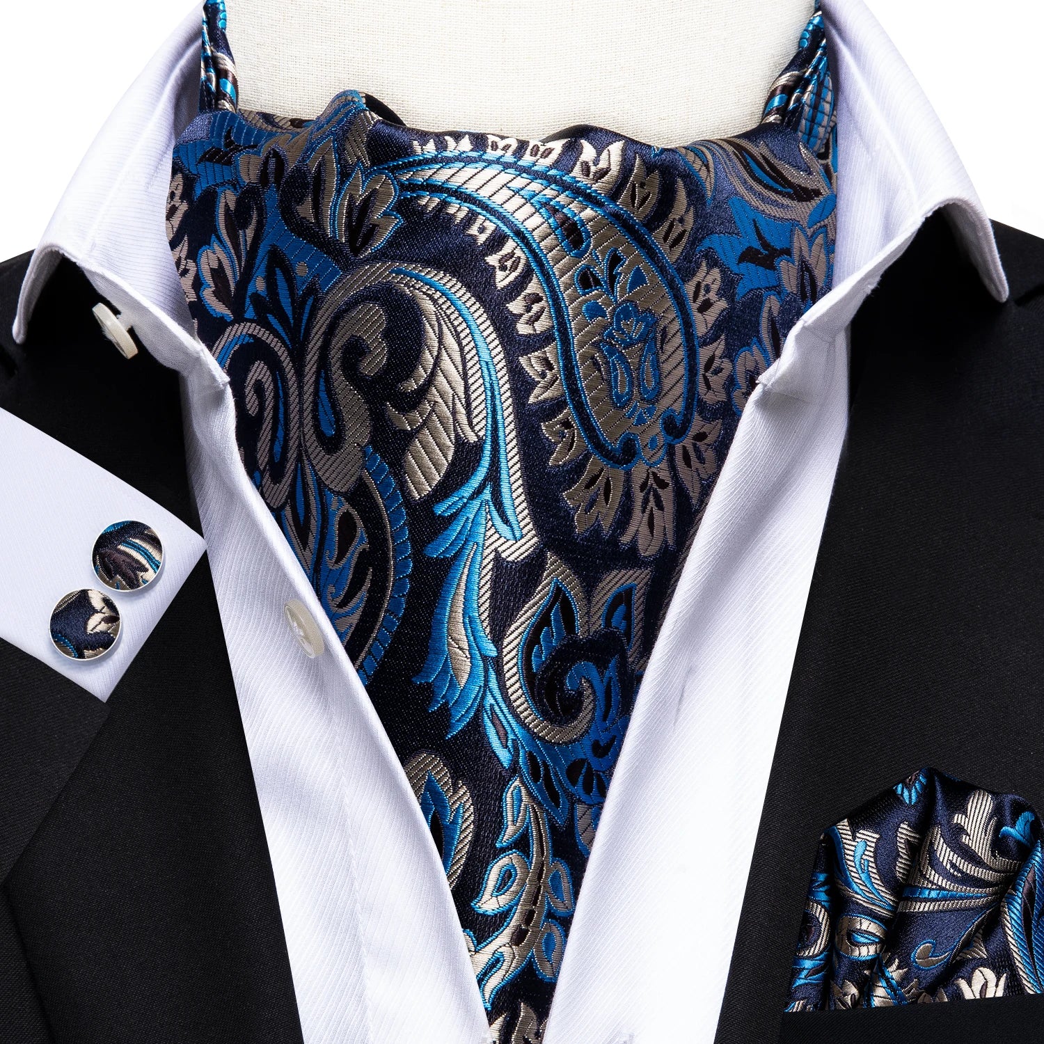Hi-Tie Silk Mens Ascot Hanky Cufflinks Set Black Yellow White Paisley Cravat Tie Vest Dress Ascots Self Vintage Jacquard Woven