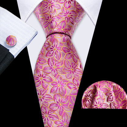 Barry.Wang Jacquard Watermelon &amp; Peach Pink Men Tie With Pocket Square Cufflinks Set Exquisiet Necktie For Male Wedding Business