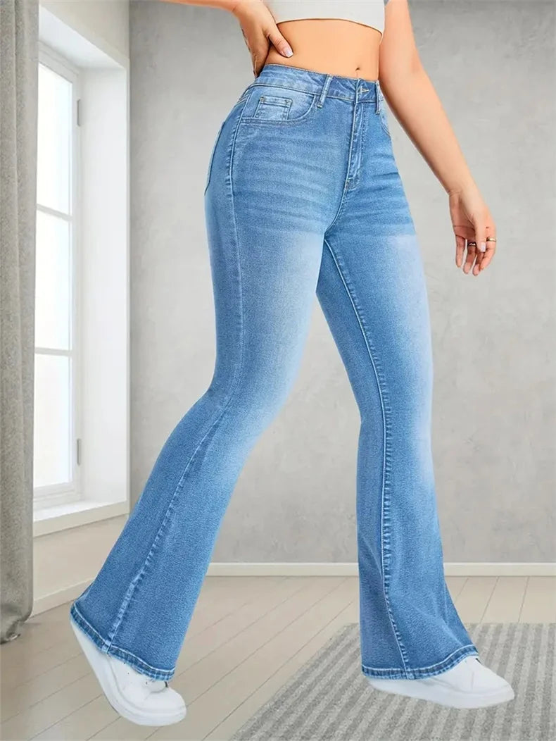 New Women Casual Micro Flares Jeans Fashion Pockets Button Splice Washed Denim Pants Streetwear Female Office Commuter Trousers