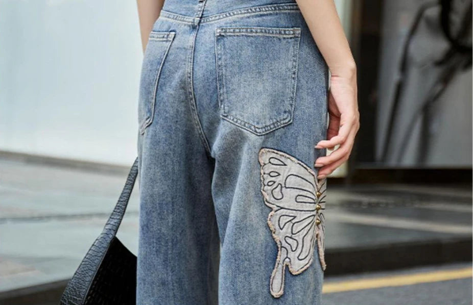Womens Jeans High Waist Shot Denim Pants for Women Graphic Straight Leg Butterfly Trousers with Print Pattern Basics Z on Sale A