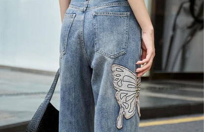 Womens Jeans High Waist Shot Denim Pants for Women Graphic Straight Leg Butterfly Trousers with Print Pattern Basics Z on Sale A