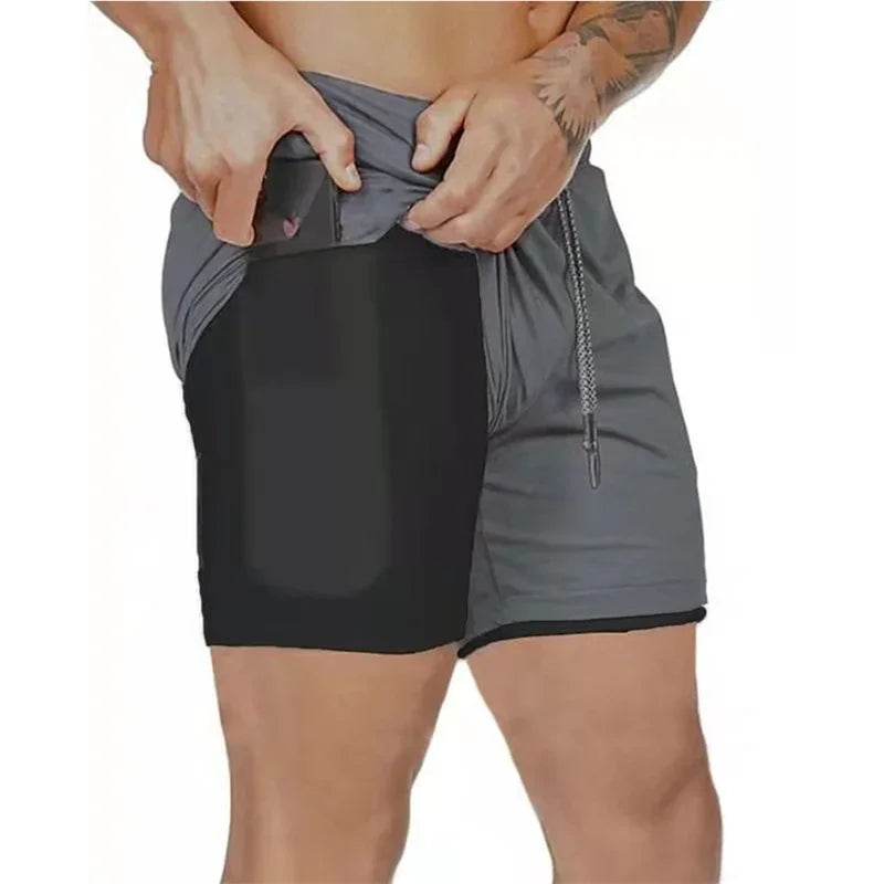 Men Fitness Built-in pocket sports Shorts Summer 2 In 1 Quick Dry Gym Beach shorts Running Double-deck Shorts mesh sweatpants