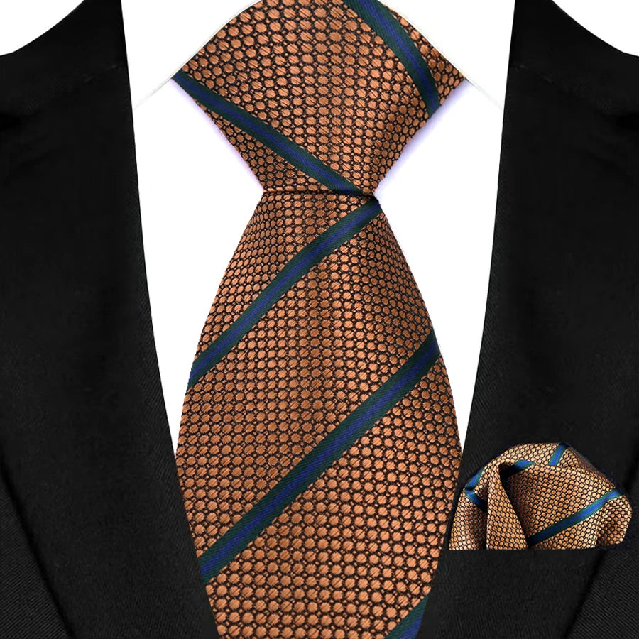 Mens 8cm Tie Set Orange Brown Floral Stripes Wedding Tie Hadkerchief Set For Men Fashion Design Quality Hanky Necktie Set