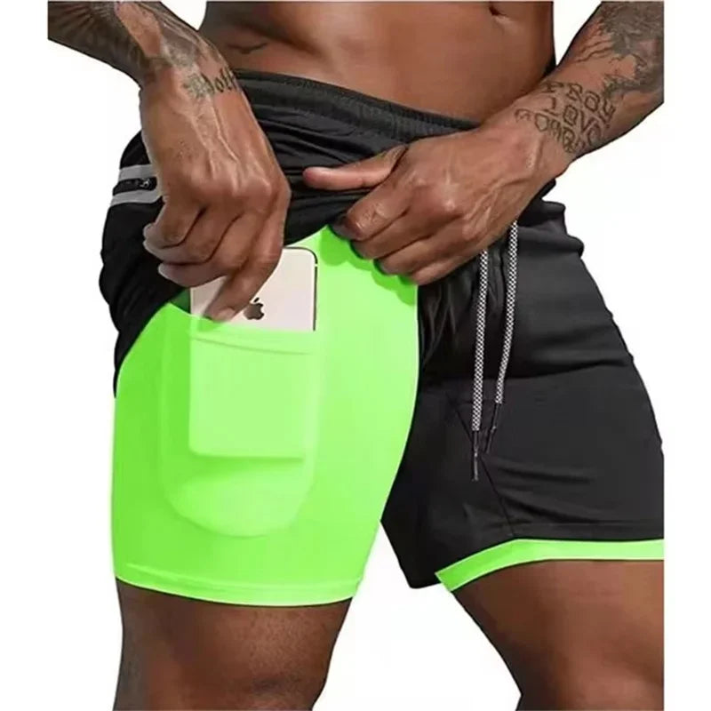 Men Fitness Built-in pocket sports Shorts Summer 2 In 1 Quick Dry Gym Beach shorts Running Double-deck Shorts mesh sweatpants