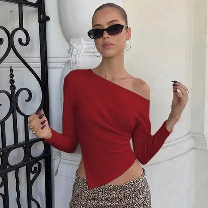 Talenza Women Casual Top Fashion Slim Slit Long Sleeve Pullover Top Sexy Strapless Pleated New Party Looks Top Female Streetwear
