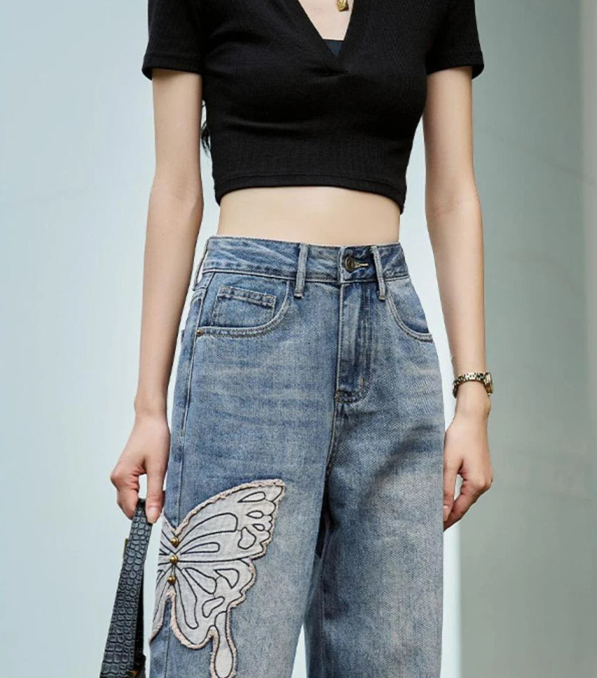 Womens Jeans High Waist Shot Denim Pants for Women Graphic Straight Leg Butterfly Trousers with Print Pattern Basics Z on Sale A