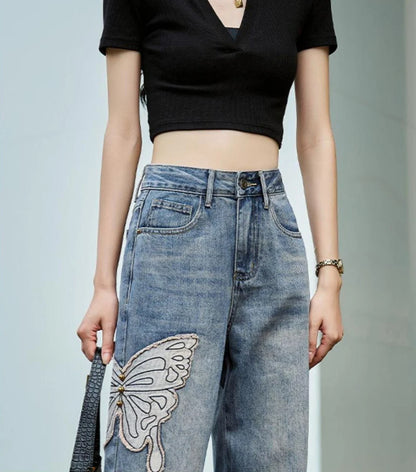Womens Jeans High Waist Shot Denim Pants for Women Graphic Straight Leg Butterfly Trousers with Print Pattern Basics Z on Sale A