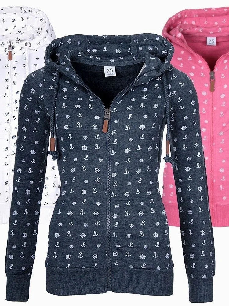 Floral Print Loose Long Sve Zipper Jaet Women&
