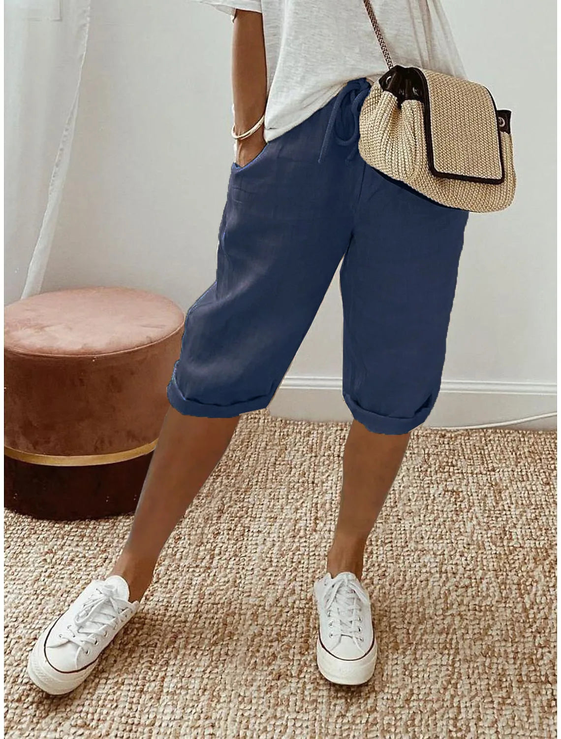 Shorts Women summer cotton linen elastic waist pocket elastic casual pants five quarter women&