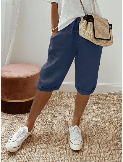Shorts Women summer cotton linen elastic waist pocket elastic casual pants five quarter women&