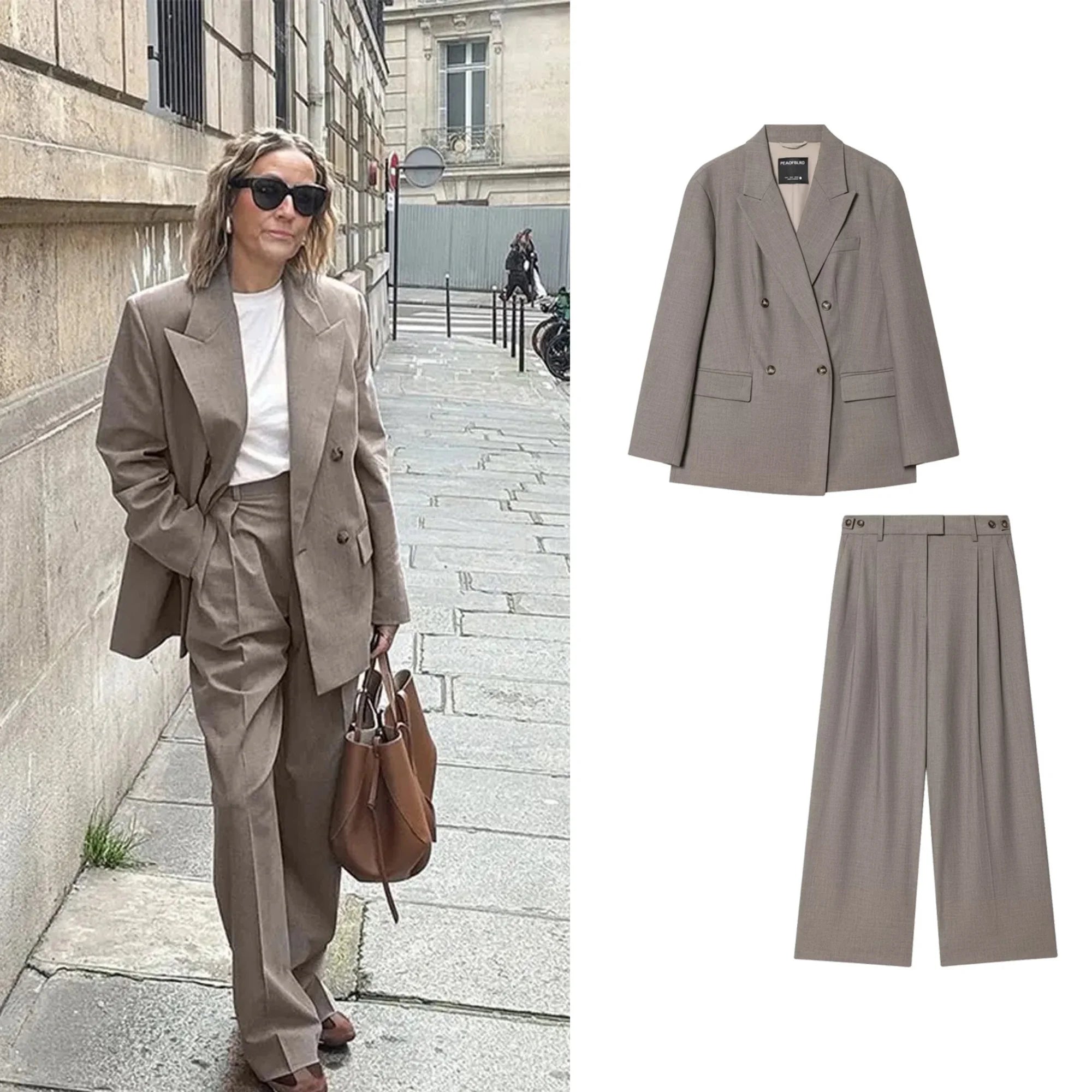 Women Casual Solid Blazer Long Pants Sets Female Fashion Double-Breasted Lapel Blazers Coat Or Lady Chic Wide Leg Long Trousers