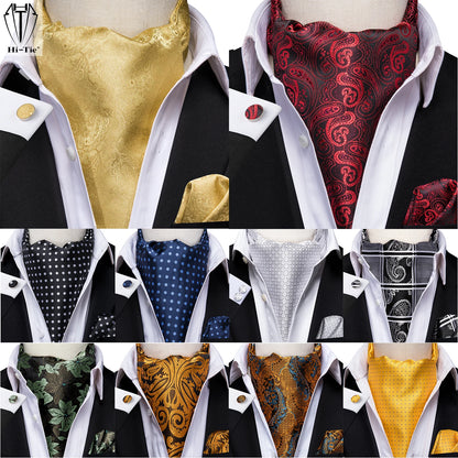 Hi-Tie Silk Mens Ascot Hanky Cufflinks Set Black Yellow White Paisley Cravat Tie Vest Dress Ascots Self Vintage Jacquard Woven