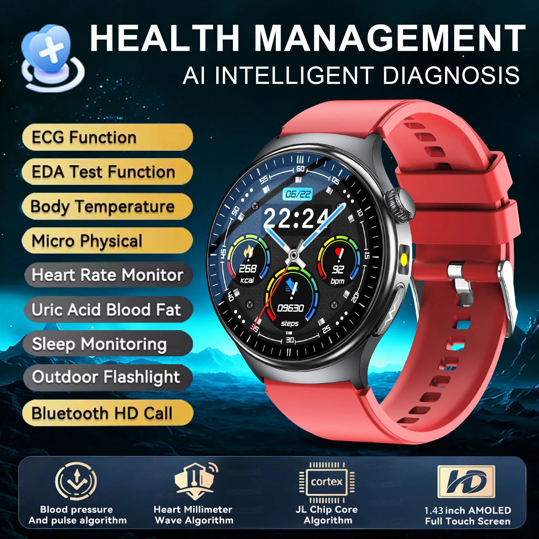 2026 New Accurate Diagnosis Smart Watch Body Fat ECG Blood oxygen BP Health Sport HD AMOLED Screen call Smart watch Men women
