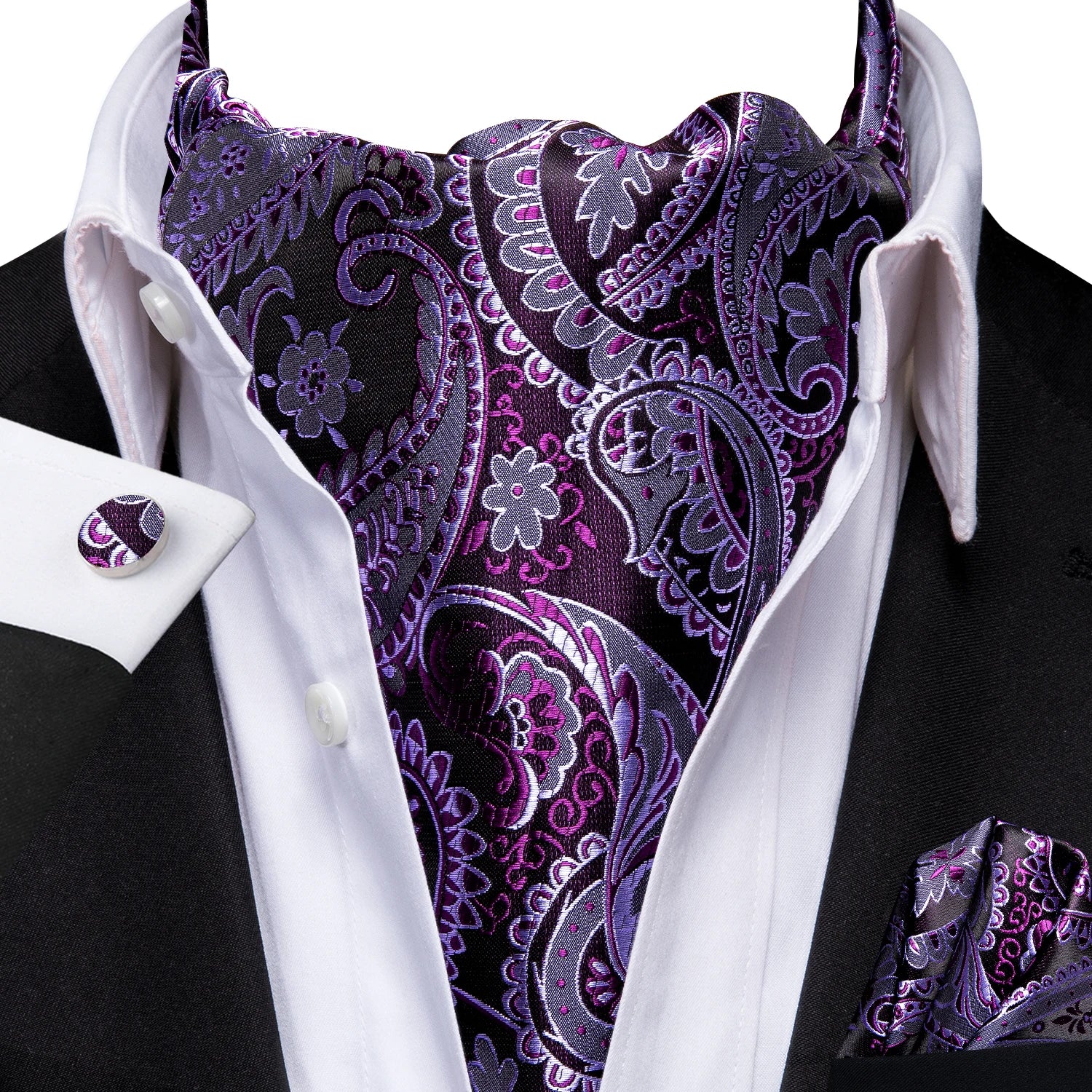 Hi-Tie Silk Mens Ascot Hanky Cufflinks Set Black Yellow White Paisley Cravat Tie Vest Dress Ascots Self Vintage Jacquard Woven