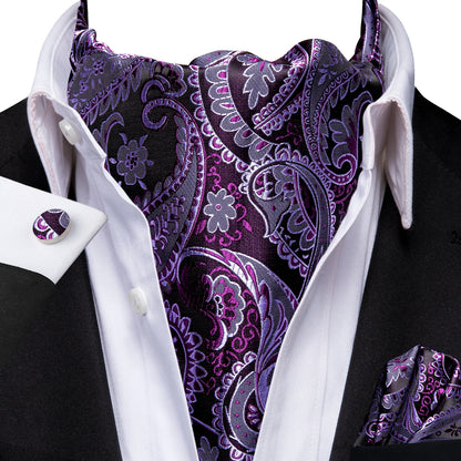 Hi-Tie Silk Mens Ascot Hanky Cufflinks Set Black Yellow White Paisley Cravat Tie Vest Dress Ascots Self Vintage Jacquard Woven