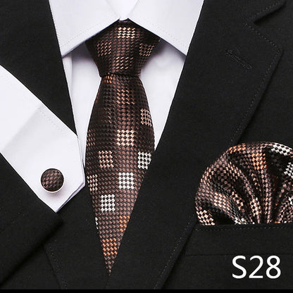 Men`s Tie Red Plaid print Jacquard Woven Tie Hanky Cufflinks Sets For Formal Wedding Business Party Free Postage