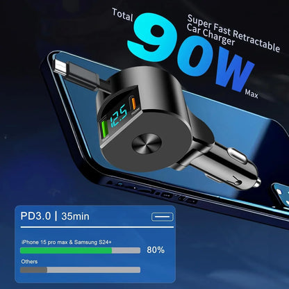 Upgraded Retractable Car Charger 3 in 1, 69W Fast Charging PD30W+2.4A Voltage Display Dual Cables for iPhone &amp; Android