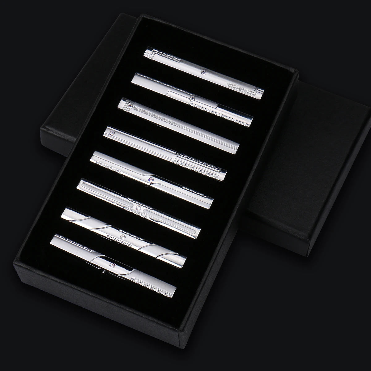 8pcs Tie Clips Metal Diamond With Box For Men Wedding Mens Necktie Clips Set Chrome Stainless Steel Jewelry Gentleman Ties Pin