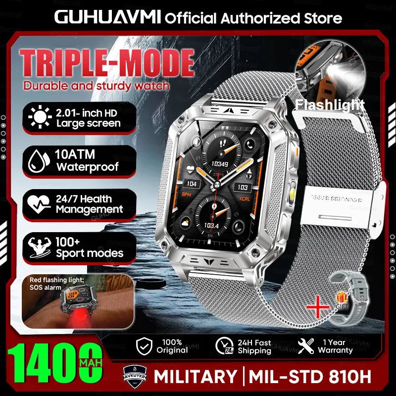New Rugged Military Smart Watch Men 1400 mAh battery 2.01inch AMOLED Bluetooth Call 10ATM Waterproof LED flashlight Smart watch